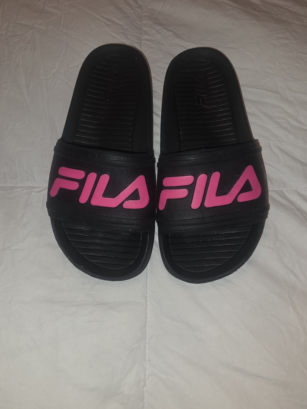 FILA Kids Black Slide Sandals with Pink Logo